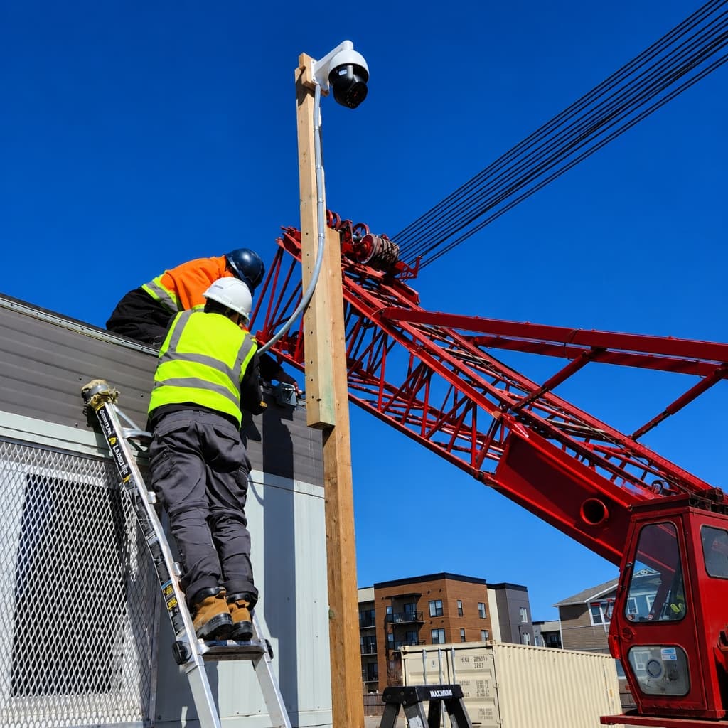 Zed Plus Security technicians installing a PTZ CCTV camera on-site
