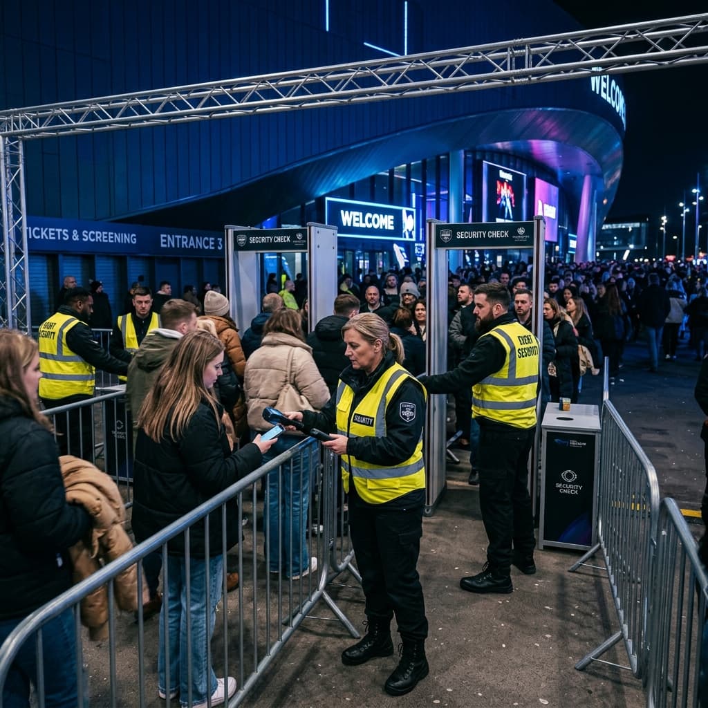Professional event security team managing crowd control at venue entrance